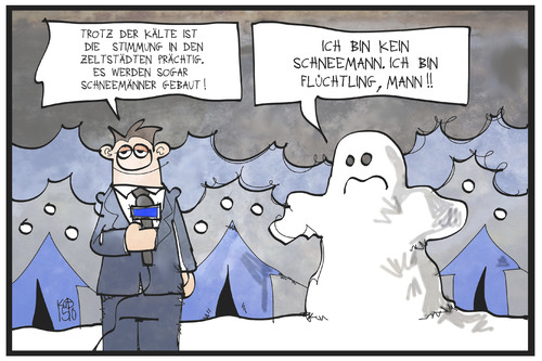 Cartoon: Zeltstädte im Winter (medium) by Kostas Koufogiorgos tagged karikatur,koufogiorgos,illustration,cartoon,winter,kälte,kälteeinbruch,schneemann,reporter,medien,fernsehen,zeltstadt,flüchtlingsunterkunft,bericht,flüchtling,winterfest,karikatur,koufogiorgos,illustration,cartoon,winter,kälte,kälteeinbruch,schneemann,reporter,medien,fernsehen,zeltstadt,flüchtlingsunterkunft,bericht,flüchtling,winterfest