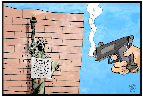 Cartoon: Zielscheibe USA (medium) by Kostas Koufogiorgos tagged karikatur,koufogiorgos,illustration,cartoon,usa,waffen,gewalt,freiheit,statue,miss,liberty,zielscheibe,schuss,karikatur,koufogiorgos,illustration,cartoon,usa,waffen,gewalt,freiheit,statue,miss,liberty,zielscheibe,schuss