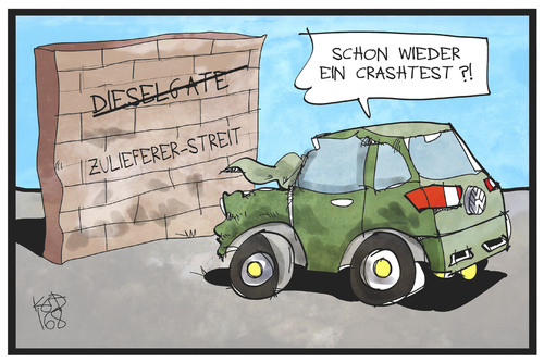 Cartoon: Zulieferer-Streit (medium) by Kostas Koufogiorgos tagged karikatur,koufogiorgos,illustration,cartoon,vw,volkswagen,auto,crashtest,dieselgate,zuliefererstreit,wirtschaft,problem,autobauer,härtetest,karikatur,koufogiorgos,illustration,cartoon,vw,volkswagen,auto,crashtest,dieselgate,zuliefererstreit,wirtschaft,problem,autobauer,härtetest