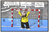 Cartoon: Das Tor ist dicht (small) by Kostas Koufogiorgos tagged karikatur,koufogiorgos,illustration,cartoon,tor,wolff,handball,em,europameister,grenze,dicht,abwehr,flüchtlinge,sport,spanien,finale,torwart,torhüter