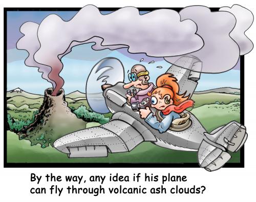 Cartoon: Vulcanic clouds are a problem (medium) by illustrator tagged plane,aircraft,airplane,aeroplane,pilot,photo,vulcanic,vulano,volcano,cloud,poison,poisson,problem,danger,flying,flight,illustration,illustrator,cartoon,peter,welleman,gag,illustration,vulkan,vulkane,rauch,asche,wolken,flugzeug,flugzeuge,verkehr,flugverkehr,passagiere,fliegen,probleme,störungen,störung,risiko,gefahr