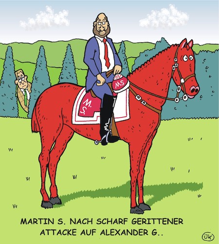 Cartoon: Attacke (medium) by JotKa tagged pferde,ross,reiter,attacke,politiker,politik,bundestag,schulz,gauland,spd,afd,pferde,ross,reiter,attacke,politiker,politik,bundestag,schulz,gauland,spd,afd