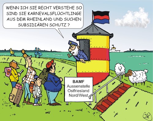 Cartoon: Auf der Flucht (medium) by JotKa tagged karneval,fasching,karnevalsflüchtlinge,flüchtlinge,bamf,rosenmontag,aschermittwoch,rheinland,köln,düsseldorf,mainz,ostfriesland,küste,meer,feiertage,kirche,leuchtturm,schafe,deich,karneval,fasching,karnevalsflüchtlinge,flüchtlinge,bamf,rosenmontag,aschermittwoch,rheinland,köln,düsseldorf,mainz,ostfriesland,küste,meer,feiertage,kirche,leuchtturm,schafe,deich