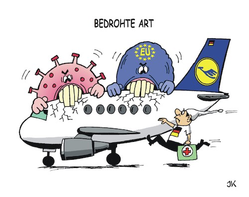 Cartoon: Bedrohte Art (medium) by JotKa tagged lufthansa,coronakrise,bundesregierung,eu,eukommission,landerechte,konjunkturpaket,luftverkehr,billigairlines,wirtschaftskrise,soforthilfen,kredite,vorschriften,lufthansa,coronakrise,bundesregierung,eu,eukommission,landerechte,konjunkturpaket,luftverkehr,billigairlines,wirtschaftskrise,soforthilfen,kredite,vorschriften