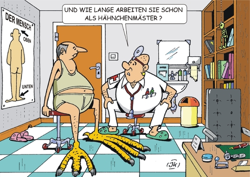 Cartoon: Berufskrankheit (medium) by JotKa tagged krankheiten,arztpraxis,männer,mann,wirtschaft,patient,nahrungsmittel,hähnchenmäster,mäster,mastbetrieb,hähnchen,hühner,schlachtvieh,angestellter,unternehmer,essen,nahrung,arzt,berufskrankheit,hormone,antibiotika,berufskrankheit,arzt,unternehmer,angestellter,schlachtvieh,hühner,hähnchen,mastbetrieb,mäster,hähnchenmäster,nahrungsmittel,patient,wirtschaft,mann,männer,arztpraxis,krankheiten,hormone,antibiotika