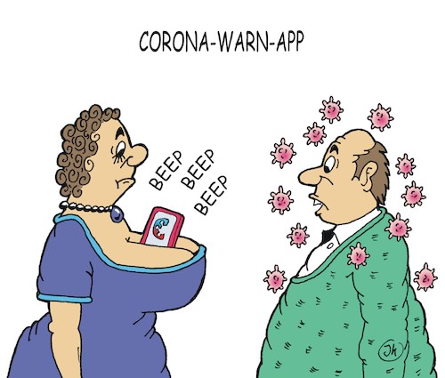 Cartoon: Corona-Warn-App (medium) by JotKa tagged coroca,seuche,epidemie,pandemie,virus,corona,warn,app,er,sie,mann,frau,liebe,dating,erotik,coroca,seuche,epidemie,pandemie,virus,corona,warn,app,er,sie,mann,frau,liebe,dating,sex,erotik