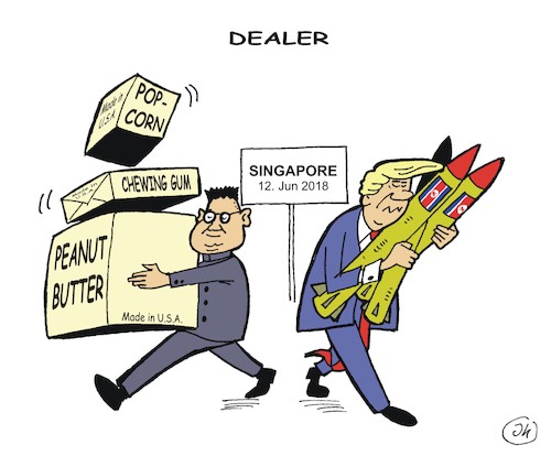 Cartoon: Deal maker (medium) by JotKa tagged president,donald,trump,kim,jong,un,usa,nordkorea,atomwaffen,koreakonflikt,friedensmission,singapur,gipfeltreffen,abrüstung,president,donald,trump,kim,jong,un,usa,nordkorea,atomwaffen,koreakonflikt,friedensmission,singapur,gipfeltreffen,abrüstung