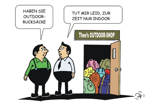 Cartoon: Denglisch (medium) by JotKa tagged denglisch,outdoor,trekking,rucksäcke,sport,wandern,freizeit,sprache,veballhornung,deutsch,englisch,shop,handel,verkauf,denglisch,outdoor,trekking,rucksäcke,sport,wandern,freizeit,sprache,veballhornung,deutsch,englisch,shop,handel,verkauf