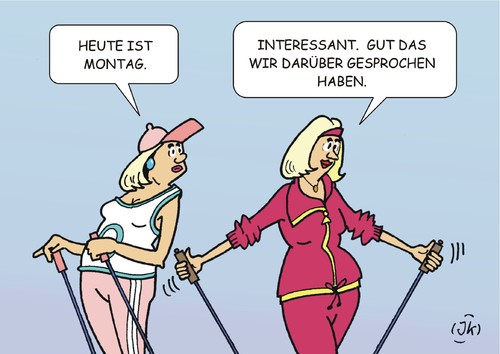 Cartoon: Drüber sprechen (medium) by JotKa tagged montag,wochentage,kommunikation,sprechen,diskutieren,sport,frauen,jogging,walking,nordic,gespräche,mode,sportkleidung,montag,wochentage,kommunikation,sprechen,diskutieren,sport,frauen,jogging,walking,nordic,gespräche,mode,sportkleidung