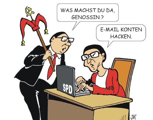 Cartoon: E-mail Checker (medium) by JotKa tagged spd,doppelspitze,esken,email,mobbing,landeselternbeirat,computer,durchsuchungen,kündigungen,sekretärin,baden,württemberg,arbeitsrecht,spd,doppelspitze,esken,email,mobbing,landeselternbeirat,computer,durchsuchungen,kündigungen,sekretärin,baden,württemberg,arbeitsrecht