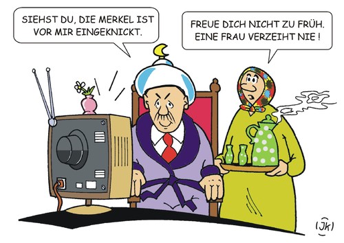 Cartoon: Eingeknickt (medium) by JotKa tagged paragraph,103,stgb,strafgesetzbuch,beleidigung,majestät,majestätsbeleidigung,böhmermann,merkel,erdogan,staatsoberhäupter,satire,ard,zdf,staatsbesuch,türkei,paragraph,103,stgb,strafgesetzbuch,beleidigung,majestät,majestätsbeleidigung,böhmermann,merkel,erdogan,staatsoberhäupter,satire,ard,zdf,staatsbesuch,türkei