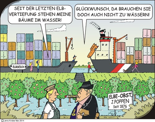 Cartoon: Elbvertiefung (medium) by JotKa tagged reeder,schiffbau,werften,frachtraten,frachter,land,altes,elbeobst,obstbauer,existenzen,arbeitsplätze,versalzung,salzwasser,grundwasserspiegel,grundwasser,obstbau,containerschiff,container,schiffahrt,hafen,fahrrinne,elbvertiefung,elbe,politiker,wirtschaftsinteressen,wirtschaft,reederei,politik,umwelt,umweltschutz,artenschutz,naturschutz