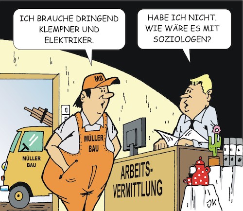 Cartoon: Fachkräfte gesucht (medium) by JotKa tagged fachkräfte,handwerker,soziologen,akademiker,wirtschaft,handwerk,mittelstand,schule,bildung,lehre,abitur,studium,job,beruf,arbeitsplatz,gehälter,fachkräfte,handwerker,soziologen,akademiker,wirtschaft,handwerk,mittelstand,schule,bildung,lehre,abitur,studium,job,beruf,arbeitsplatz,gehälter