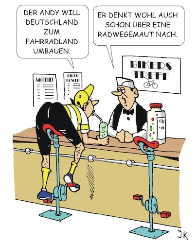 Cartoon: Fahrradland (medium) by JotKa tagged fahrrad,radwege,verkehr,andy,scheuer,verkehrsministerium,infrastruktur,maut,gebühren,kosten,politik,politiker,bar,treffpunkte,fahrrad,radwege,verkehr,andy,scheuer,verkehrsministerium,infrastruktur,maut,gebühren,kosten,politik,politiker,bar,treffpunkte