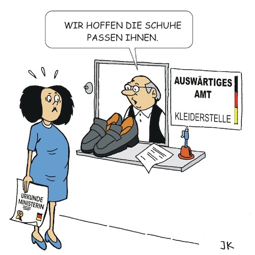 Cartoon: Grosse Schuhe (medium) by JotKa tagged bundesregierung,aussenministerium,aussenamt,aussenministerin,annalena,baerbock,kleiderkammer,schuhe,bundesregierung,aussenministerium,aussenamt,aussenministerin,annalena,baerbock,kleiderkammer,schuhe