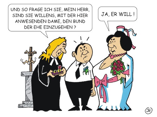 Cartoon: Ja er will (medium) by JotKa tagged otto,ehe,beziehungen,mann,frau,er,sie,liebe,hochzeit,kirche,trauung,pastor,pfarrer,otto,ehe,beziehungen,mann,frau,er,sie,liebe,hochzeit,kirche,trauung,pastor,pfarrer