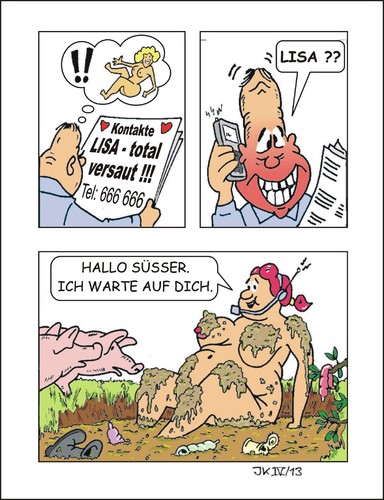 Cartoon: Kontakte (medium) by JotKa tagged badewanne,schönheit,pech,glück,hoffnung,enttäuschung,schweinezucht,landwirtschaft,viehzucht,telefonsex,kontaktanzeigen,puff,lisa,service,bordell,milieu,rotlich,kontakte