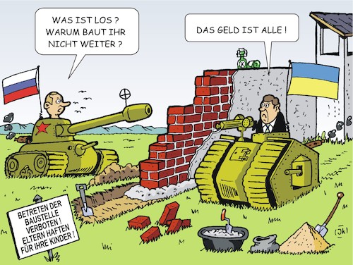 Cartoon: Mauerbau (medium) by JotKa tagged ukraine,kiew,russland,mauer,grenze,grenzbefestigungen,feinde,verfeindet,konflikt,putin,jazenjuk,finanzen,geld,europäischer,wall,ukraine,kiew,russland,mauer,grenze,grenzbefestigungen,feinde,verfeindet,konflikt,putin,jazenjuk,finanzen,geld,europäischer,wall