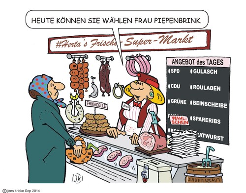 Cartoon: Neue Wahllokale (medium) by JotKa tagged kommunalwahlen,landtagswahlen,bundestagswahlen,nichtwähler,wähler,politikverdrossenheit,wahlverdrossenheit,einkaufen,geschäfte,fleischer,spd,supermärkte,parteien,wahlurne,wahllokal,wahlkampf,wahlen