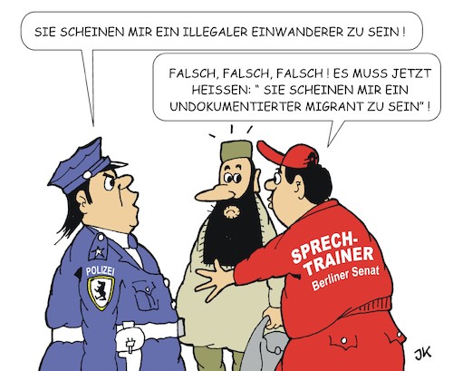 Cartoon: Neues Berliner Beamtendeutsch (medium) by JotKa tagged berlin,senat,politische,korrektheit,deutsche,sprache,beamtendeutsch,migration,polizei,berlin,senat,politische,korrektheit,deutsche,sprache,beamtendeutsch,migration,polizei