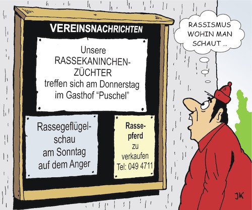 Cartoon: Rassisten (medium) by JotKa tagged rassismus,fremdenfeindlichkeit,rechtsradikalismus,linksradikalismus,antisemitismus,gesellschaft,populisten,politiker,geflügel,kaninchen,pferde,vereine,rassisten,rassismus,fremdenfeindlichkeit,rechtsradikalismus,linksradikalismus,antisemitismus,gesellschaft,populisten,politiker,geflügel,kaninchen,pferde,vereine,rassisten