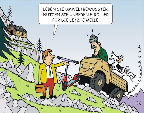 Cartoon: Verkäufer (medium) by JotKa tagged verkäufer,händler,vertreter,handel,und,verkauf,wirtschaft,eroller,mobilität,umwelt,klimaschutz,berge,bauer,ziegen,verkäufer,händler,vertreter,handel,und,verkauf,wirtschaft,eroller,mobilität,umwelt,klimaschutz,berge,bauer,ziegen