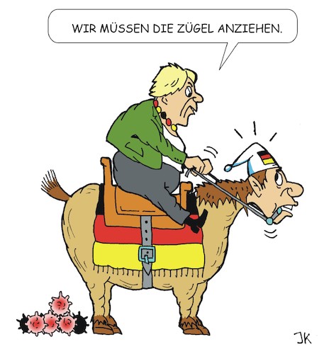 Cartoon: Zügel anziehen (medium) by JotKa tagged ministerpräsidenten,konferenz,bundeskanzlerin,merkel,berlin,bundesregierung,länderregierungen,ländersach,corona,covid19,coronamassnamen,ministerpräsidenten,konferenz,bundeskanzlerin,merkel,berlin,bundesregierung,länderregierungen,ländersach,corona,covid19,coronamassnamen