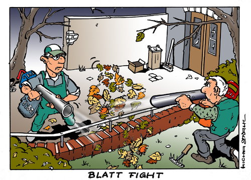 Cartoon: Blatt Fight (medium) by Micha Strahl tagged micha,strahl,herbst,laubpuster,laubsauger,laub,gartenarbeit,herbstlaub,blätter,herbst,laubpuster,laubsauger,laub,gartenarbeit,herbstlaub,blätter,nachbarschaft,nachbarn,garten