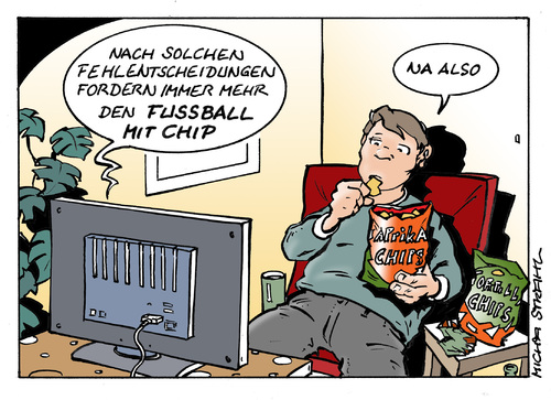 Cartoon: Fußball mit Chip (medium) by Micha Strahl tagged micha,strahl,fußball,fußballchip,chips,em2012,football,soccer,fußballtechnik,goalref,couchpotato,fußball,em 2012,euor 2012,em,2012,euor