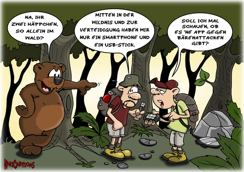 Cartoon: Bärenattacke (medium) by karicartoons tagged app,applikation,baer,baerenattacke,outdoor,smartphone,verteidigung,wanderer,wildnis,app,applikation,tiere,wald,bär,verteidigung,smartphone,wanderer,wildnis,technik