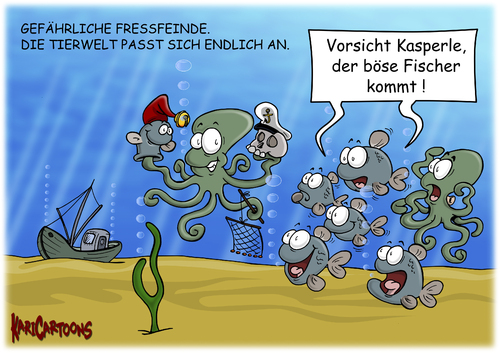 Cartoon: Böser Fischer (medium) by karicartoons tagged beibringen,fische,fischer,fischerei,fressfeinde,kasper,kasperletheater,leer,gefischt,lehren,meer,ozean,tiere,raubtiere,schule,überfischt,beibringen,fische,fischer,fischerei,fressfeinde,kasper,kasperletheater,leer,gefischt,lehren,meer,ozean,tiere,raubtiere,schule,überfischt