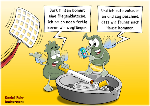 Cartoon: Fliegenklatsche kommt (medium) by karicartoons tagged tiere,fliegen,insekten,geschwindigkeit,schnell,reaktion,flucht,gefahr,lässig,lässigkeit,rauchen,zigarette,tiere,fliegen,insekten,geschwindigkeit,schnell,reaktion,flucht,gefahr,lässig,lässigkeit,rauchen,zigarette