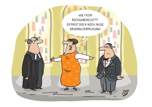 Cartoon: Rückgaberecht (medium) by Dodenhoff Cartoons tagged rückgabe,reklamation,ehe,stress,mann,frau,kirche,originalverpackung,handel,rückgabe,reklamation,ehe,stress,mann,frau,kirche,originalverpackung,handel