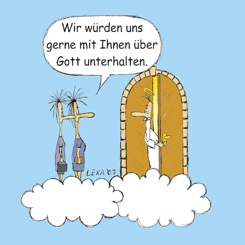 Cartoon: lexatoon Reden über Gott (medium) by lexatoons tagged lexatoon,reden,über,gott,zeugen,jehovas,missionierung,himmel,wolke,haustür,himmelspforte,religion,glauben,lexatoon,reden,über,gott,zeugen,jehovas,missionierung,himmel,wolke,haustür,himmelspforte,religion,glauben