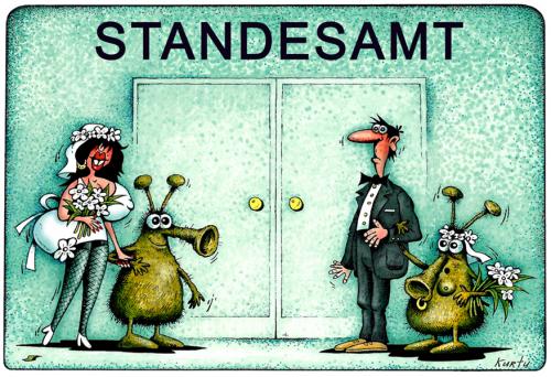 Cartoon: standesamt (medium) by kurtu tagged no,,standesamt,heirat,ehe,bündnis,ehefrau,ehemann,paar,alien,außerirdisch,kirche,gott,religion