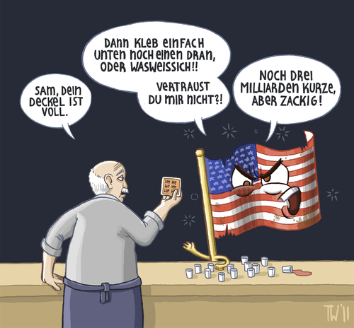 Cartoon: Gerade noch gutgegangen! (medium) by Tobias Wieland tagged usa,obama,kredit,schulden,obergrenze,republikaner,demokraten,amerika,america,kreditwürdigkeit,staat,bankrott,staatsbankrott,kneipe,flagge,usa,schulden,krise,tea party,streit,republikaner,wirtschaft,einigung,demokraten,barack obama,tea,party,barack,obama