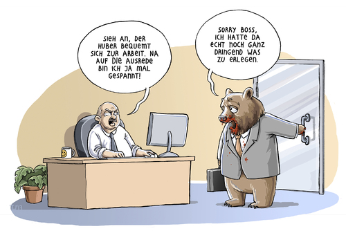 Cartoon: Huber kommt zu spät (medium) by Tobias Wieland tagged bär,büro,zu,spät,cartoon,tobias,wieland,karikatur,blut,chef,boss,arbeit,job,beute,jagd,grizzly,braunbär,tier,entschuldigung,bär,büro,zu,spät,cartoon,tobias,wieland,karikatur,blut,chef,boss,arbeit,job,beute,jagd,grizzly,braunbär,tier,entschuldigung