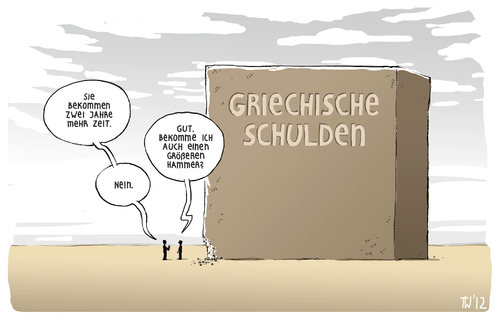 Cartoon: Mehr Zeit für Griechenland (medium) by Tobias Wieland tagged karikatur,juncker,lagarde,abbau,bankrott,eu,frist,schulden,krise,eurokrise,euro,troika,europa,finanzminister,tranche,jahre,zwei,griechenland,griechenland,zwei,jahre,troika,euro,eurokrise,krise,schulden,frist,eu,bankrott,abbau,lagarde,juncker,karikatur