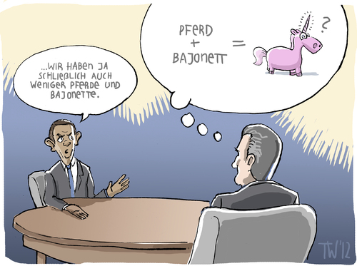 Cartoon: Neue Militärstrategie (medium) by Tobias Wieland tagged militär,mitt,barack,einhorn,pferd,bajonett,wahl,debatte,duell,präsident,usa,karikatur,romney,obama,obama,romney,usa,präsident,duell,debatte,wahl,bajonett,pferd,einhorn,barack,mitt,militär