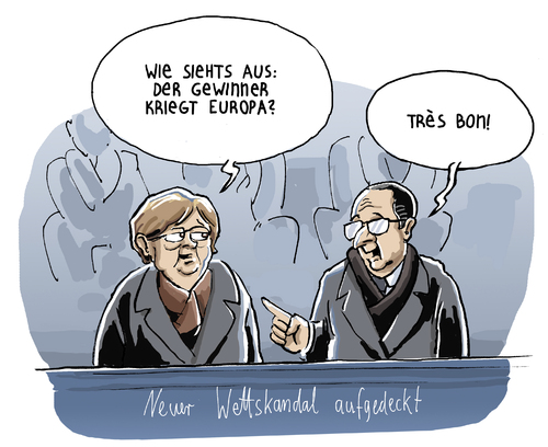 Cartoon: Neulich vor dem EU-Gipfel (medium) by Tobias Wieland tagged eu,gipfel,merkel,hollande,fußball,deutschland,frankreich,wettskandal,wette,freundschaftsspiel,europa,euro,brüssel,haushalt,eu,gipfel,merkel,hollande,fußball,deutschland,frankreich,wettskandal,wette,freundschaftsspiel,europa,euro,brüssel,haushalt