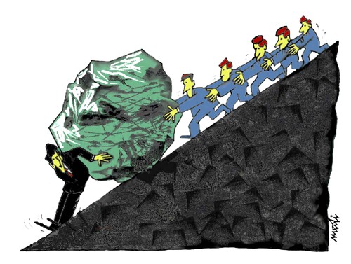 Cartoon: friends (medium) by Medi Belortaja tagged servants,chief,leader,head,politics,business,colleagues,boulder,people,push,enemies,stone,sisyphus