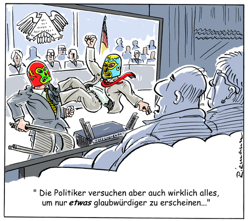 Cartoon: Glaubwürgig (medium) by Riemann tagged politik,politiker,glaubwürdigkeit,image,ehrlichkeit,moral,würde,pro,wrestling,fake,abgeordnete,bundestag,cartoon,george,riemann,politik,politiker,glaubwürdigkeit,image,ehrlichkeit,moral,würde,pro,wrestling,fake,abgeordnete,bundestag,cartoon,george,riemann