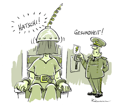 Cartoon: Hatschi ! (medium) by Riemann tagged todesstrafe,elektrischer,stuhl,straffvollzug,gefaengnis,exekution,hinrichtung,justiz,schnupfen,niesser,gesundheit,empathie,fuersorge,hoeflichkeit,death,penalty,execution,prison,justice,electric,chair,health,sneezing,cartoon,george,riemann,todesstrafe,elektrischer,stuhl,straffvollzug,gefaengnis,exekution,hinrichtung,justiz,schnupfen,niesser,gesundheit,fuersorge,hoeflichkeit,death,penalty,execution,prison,justice,electric,chair,health,sneezing,cartoon,george,riemann