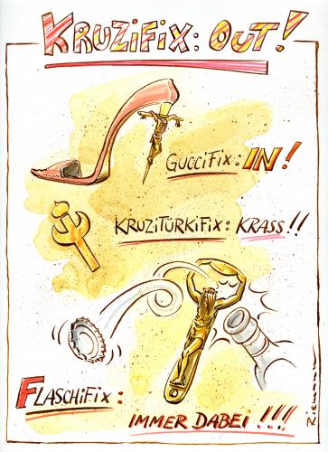 Cartoon: Kruzifix (medium) by Riemann tagged kruzifix,religion,christus,fashion,cartoon,cartoons,kreuz,jesus christus,christentum,fashion,trend,religion,glaube,kirche,bibel,anwendung,zweck,multifunktional,funktion,funktionen,flaschenöffner,jesus,christus