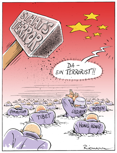 Cartoon: Terrorstaat (medium) by Riemann tagged china,uiguren,völkermord,lager,terrorstaat,folter,umerziehung,xi,jinping,diktatur,korruption,uighurs,genozid,torture,oppression,cartoon,george,riemann,china,uiguren,völkermord,lager,terrorstaat,folter,umerziehung,xi,jinping,diktatur,korruption,uighurs,genozid,torture,oppression,cartoon,george,riemann