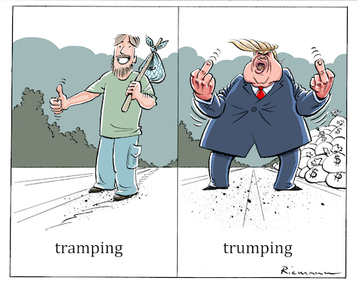 Cartoon: Trumping (medium) by Riemann tagged donald,trump,president,united,states,republican,social,attitude,sozialverhalten,arm,reich,rich,poor,reworld,peace,atomic,bomb,northkorea,weltfrieden,atombombe,nordkorea,aussenpolitik,foreign,policy,agression,stupidity,trampeltier,cartoon,george,riemann,donald,trump,president,united,states,republican,world,peace,atomic,bomb,northkorea,weltfrieden,atombombe,nordkorea,aussenpolitik,foreign,policy,agression,stupidity,trampeltier,cartoon,george,riemann