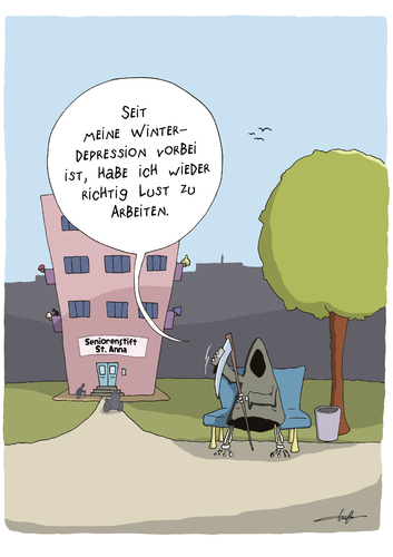 Cartoon: Nach der Depression (medium) by luftzone tagged cartoonalarm,cartoon,thomas,luft,luftzone,tot,tod,sterben,frühling,seniorenstift,altersheim,pflegeheim,depression,winterdepression,frühlingsgefühle,lust,arbeit,arbeiten,park,baum,sense,sensenmann,schleifen,schärfen,tot,tod,frühling,seniorenstift,senioren,alter,alt,rentner,existenz,leben,sterben,altersheim