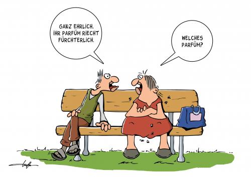 Cartoon: Parfüm (medium) by luftzone tagged parfüm,geruch,gestank,deo,eigengeruch,mief,luft,mann,frau,körpergeruch,bank,riechen,fliegen,gespräch,parfüm,duft,gestank,körpergeruch,geruch,stinken,hygiene,duschen,riechen,gespräch