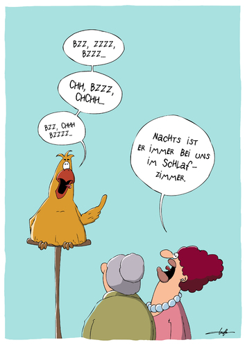 Cartoon: Schnarchender Papagei (medium) by luftzone tagged cartoonalarm,cartoon,thomas,luft,luftzone,papagei,wiederholen,nachsprechen,schlafen,schlafzimmer,reden,sprechen,frauen,oma,kette,gelb,vogel,tier,schnarchen,nachts,luftzone,wiederholen,nachsprechen,schlafen