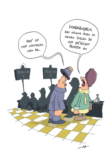 Cartoon: Vordrängeln (medium) by luftzone tagged vordrängeln,vorstellen,supermarkt,anstehen,schlange,kasse,einkaufen,mann,frau,oma,opa,vordrängeln,vorstellen,supermarkt,anstehen,schlange,kasse,einkaufen,mann,frau,oma,opa,liebe,partnersuche,flirten,trick